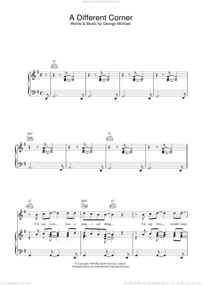 A Different Corner sheet music for voice, piano or guitar by George Michael, intermediate skill level