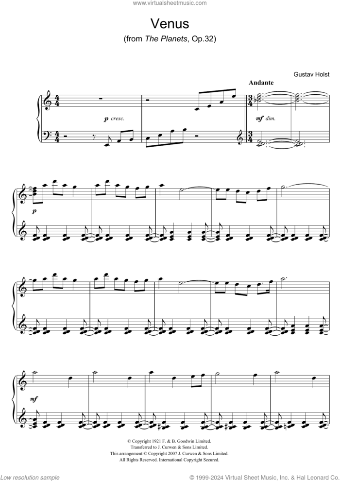 Venus (from The Planets Op.32) sheet music for piano solo by Gustav Holst, classical score, easy skill level