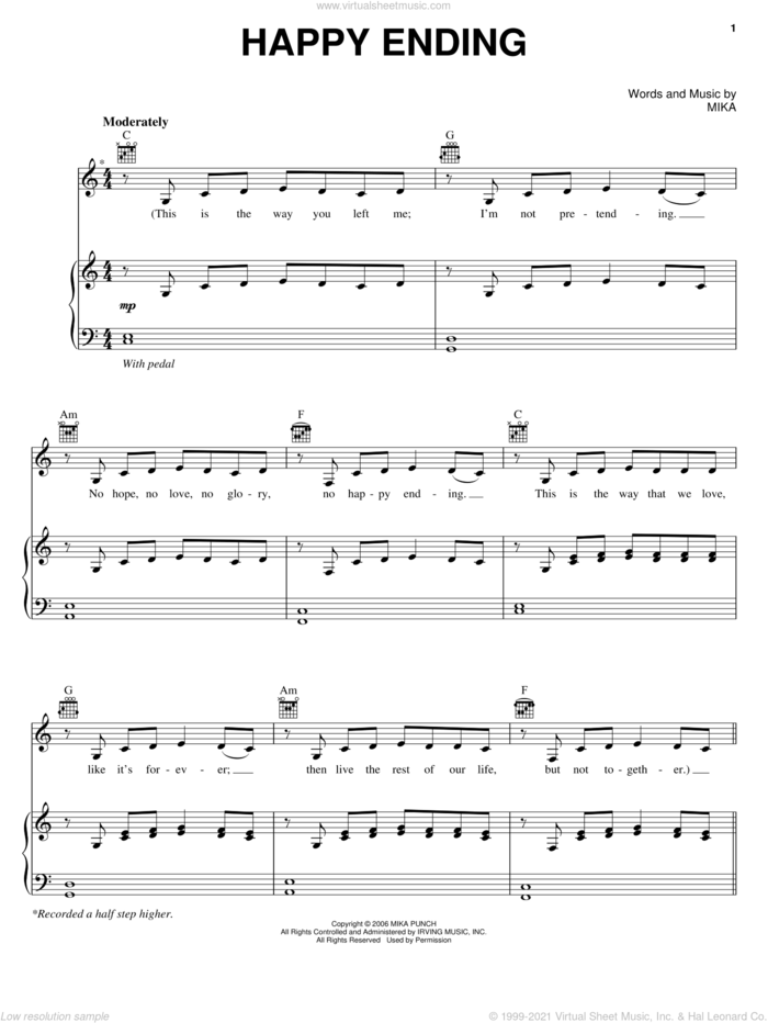 Happy Ending sheet music for voice, piano or guitar by Mika, intermediate skill level
