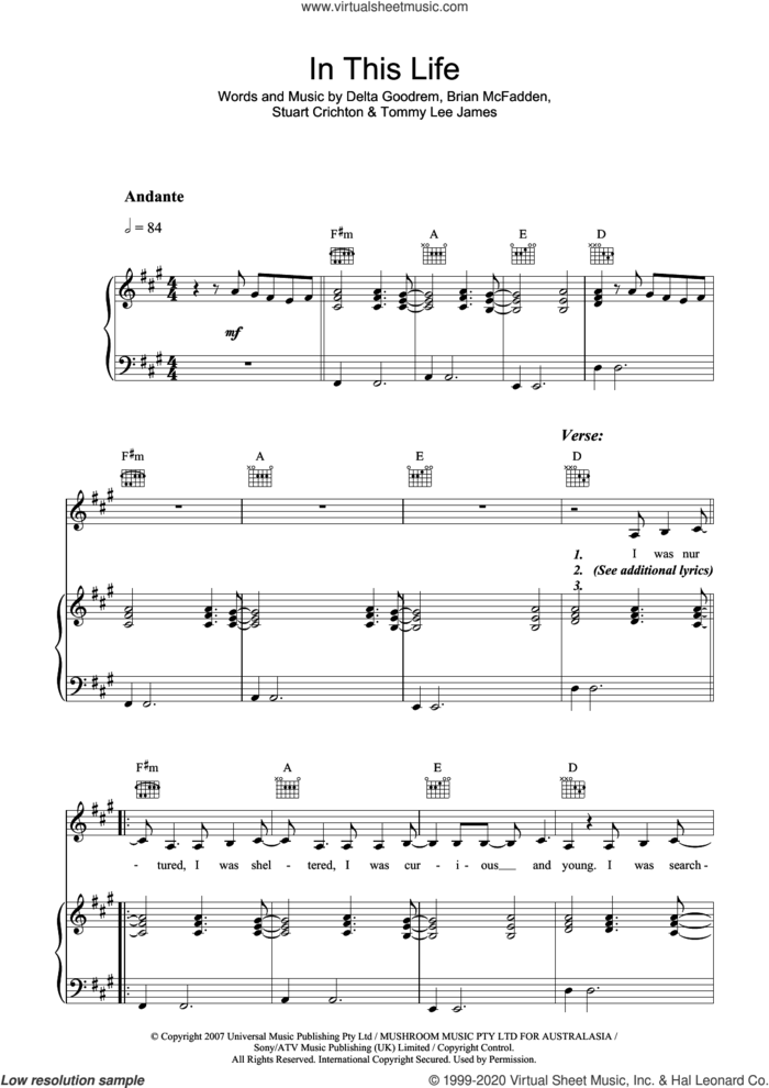 In This Life sheet music for voice, piano or guitar by Delta Goodrem, Brian McFadden, Stuart Crichton and Tommy James, intermediate skill level