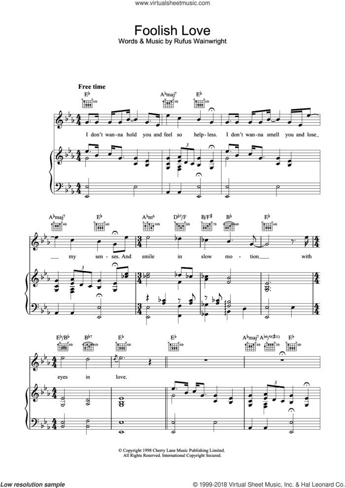 Foolish Love sheet music for voice, piano or guitar by Rufus Wainwright, intermediate skill level