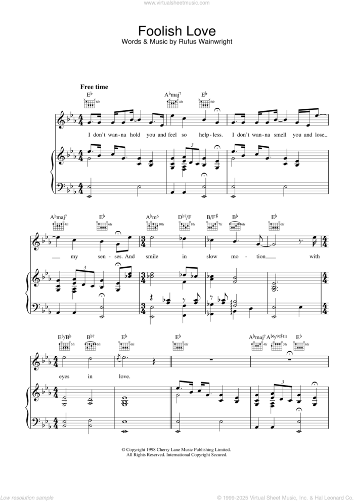 Foolish Love sheet music for voice, piano or guitar by Rufus Wainwright, intermediate skill level