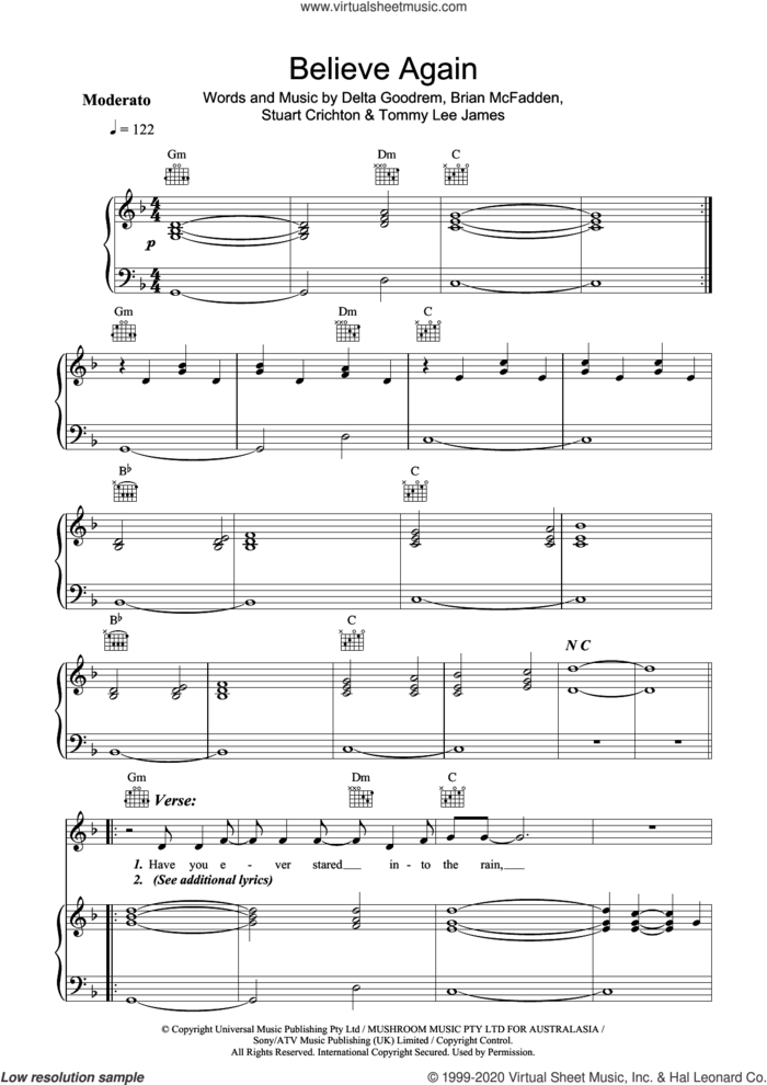 Believe Again sheet music for voice, piano or guitar by Delta Goodrem, Stuart Crichton and Tommy James, intermediate skill level