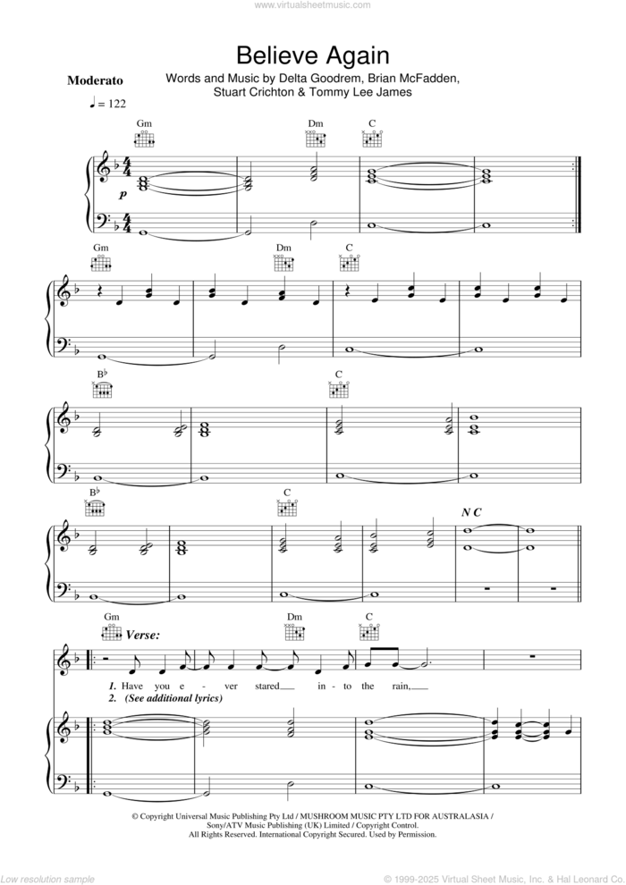 Believe Again sheet music for voice, piano or guitar by Delta Goodrem, Stuart Crichton and Tommy James, intermediate skill level