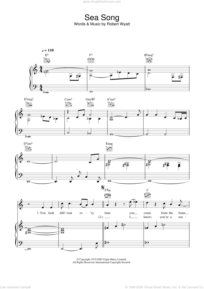 Sea Song sheet music for voice, piano or guitar by Robert Wyatt, intermediate skill level