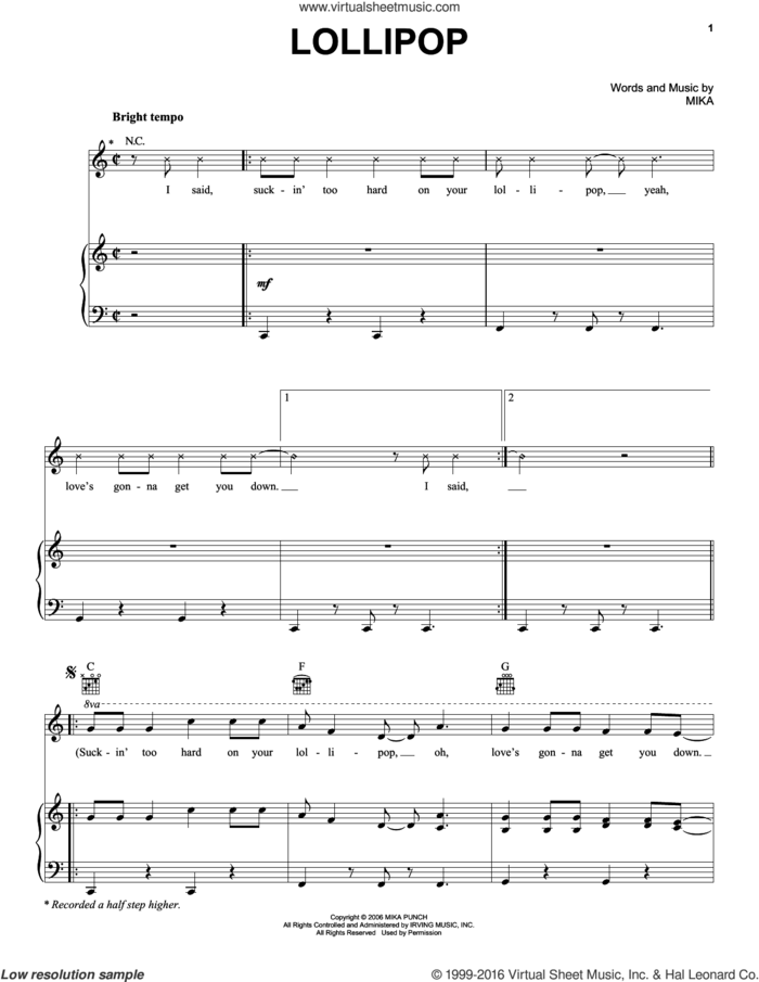 Lollipop sheet music for voice, piano or guitar by Mika, intermediate skill level