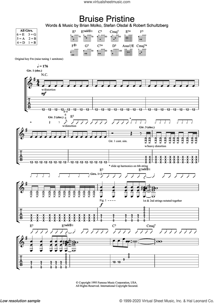 Bruise Pristine sheet music for guitar (tablature) by Placebo, Brian Molko, Robert Schultzberg and Stefan Olsdal, intermediate skill level