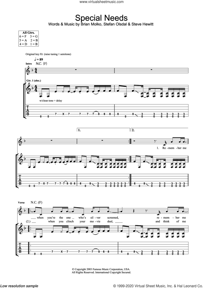 Special Needs sheet music for guitar (tablature) by Placebo, Brian Molko, Stefan Olsdal and Steve Hewitt, intermediate skill level