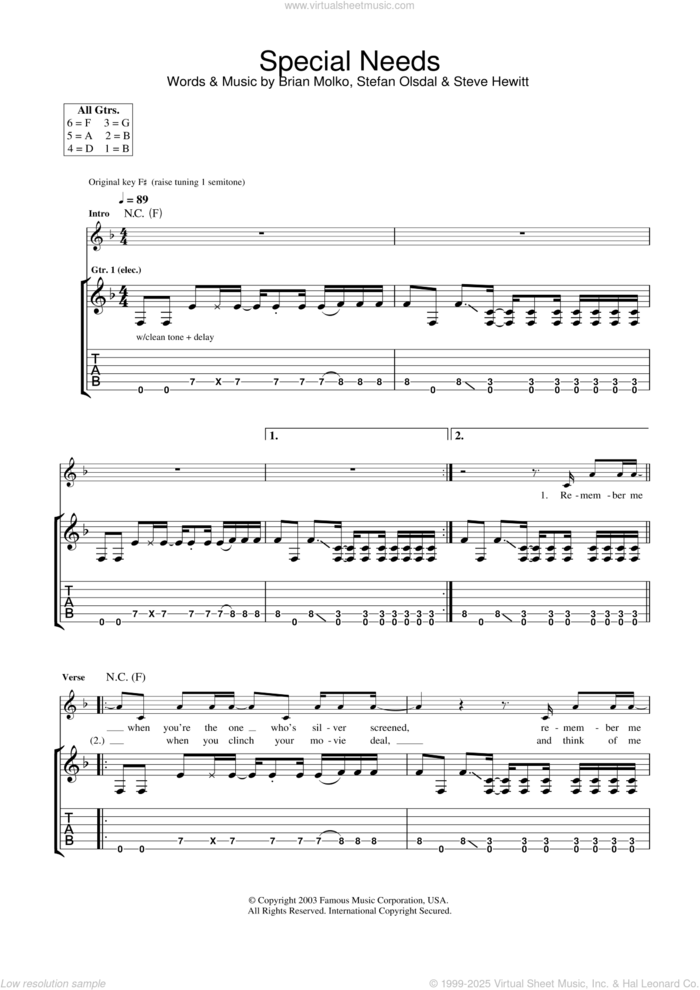 Special Needs sheet music for guitar (tablature) by Placebo, Brian Molko, Stefan Olsdal and Steve Hewitt, intermediate skill level