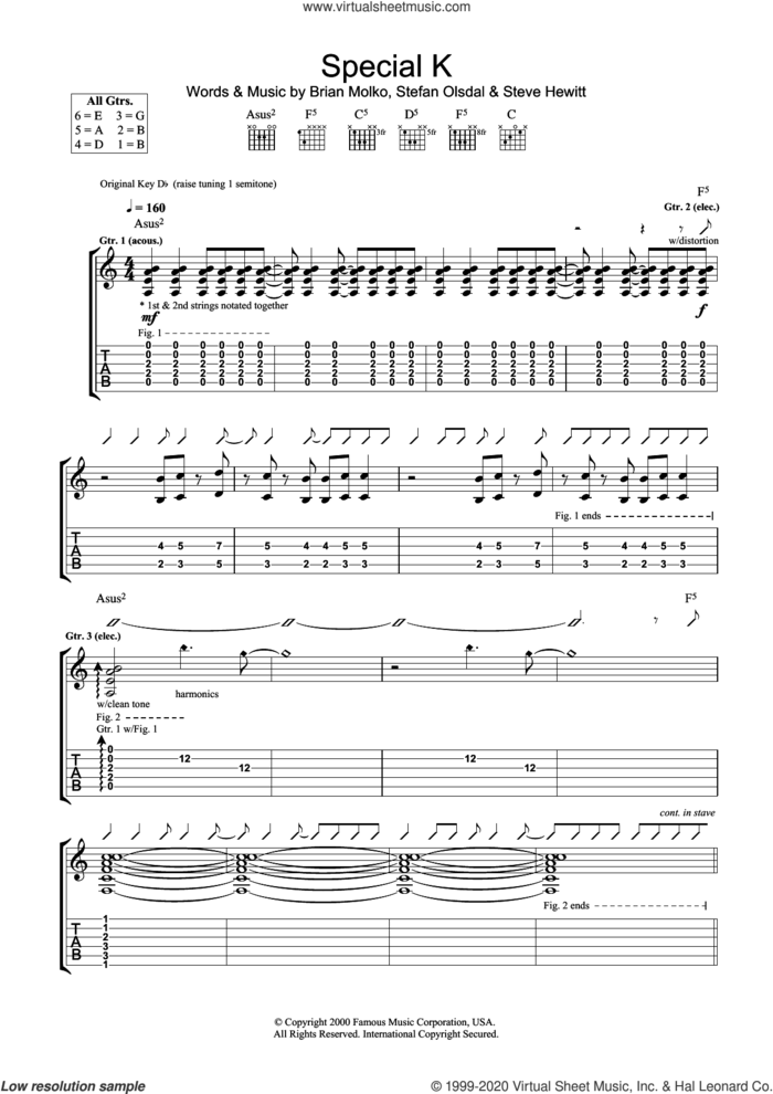 Special K sheet music for guitar (tablature) by Placebo, Brian Molko, Stefan Olsdal and Steve Hewitt, intermediate skill level