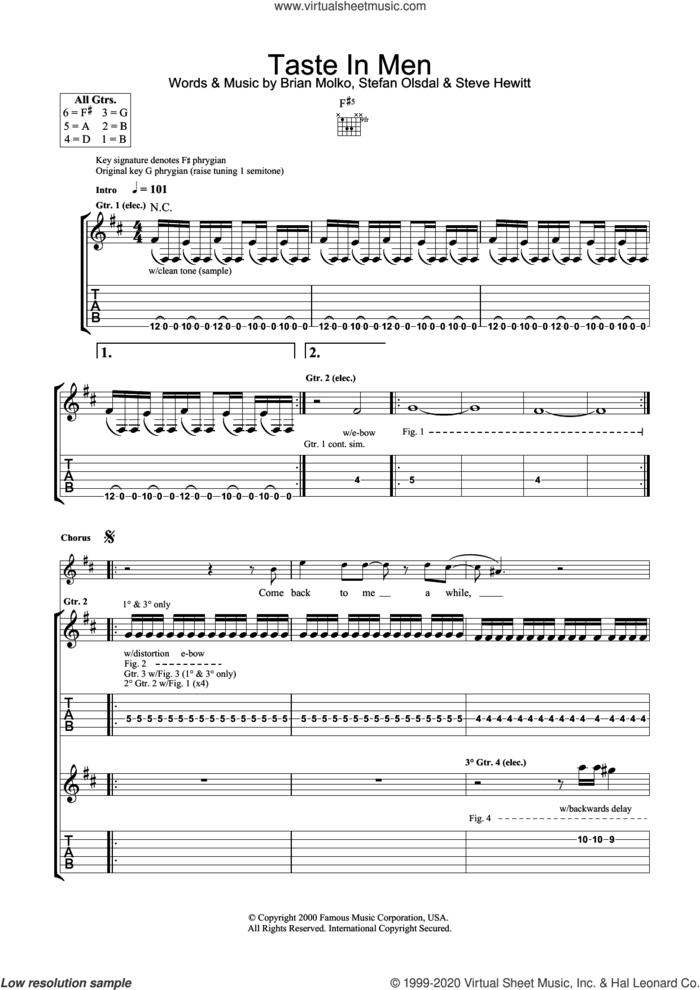 Taste In Men sheet music for guitar (tablature) by Placebo, Brian Molko, Stefan Olsdal and Steve Hewitt, intermediate skill level