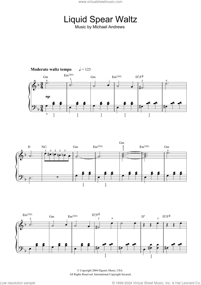 Liquid Spear Waltz (from Donnie Darko) sheet music for piano solo by Michael Andrews, easy skill level