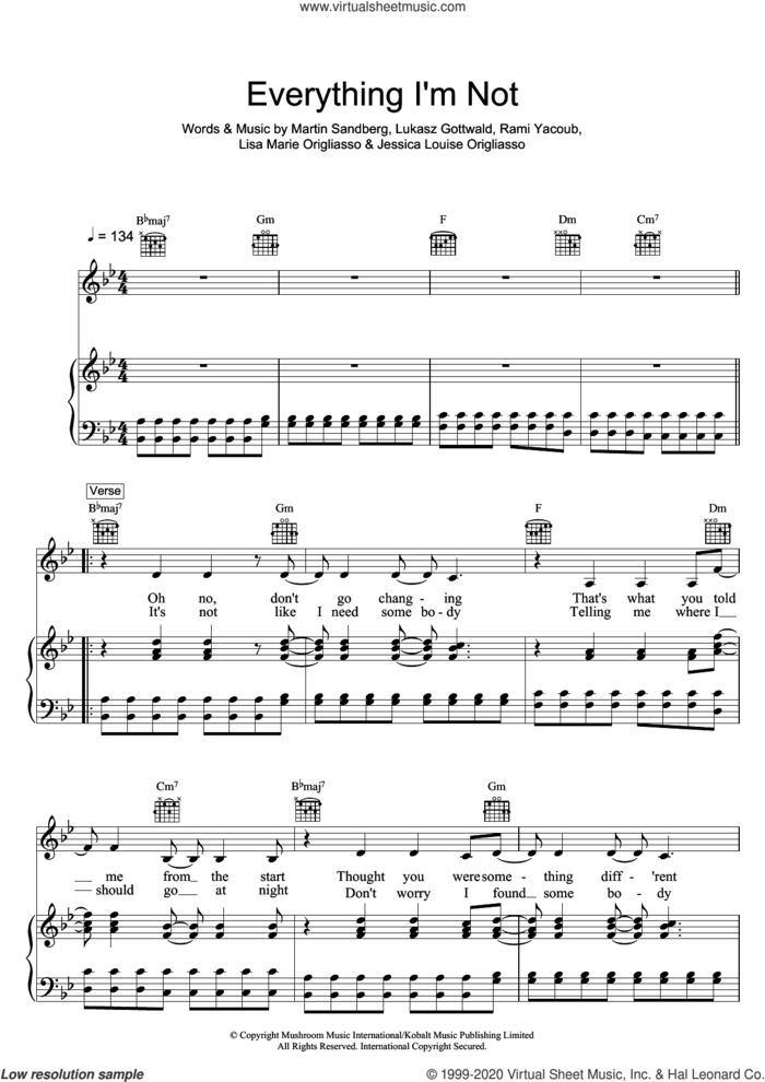 Everything I'm Not sheet music for voice, piano or guitar by The Veronicas, Jessica Louise Origliasso, Lisa Marie Origliasso, Lukasz Gottwald, Martin Sandberg and Rami, intermediate skill level
