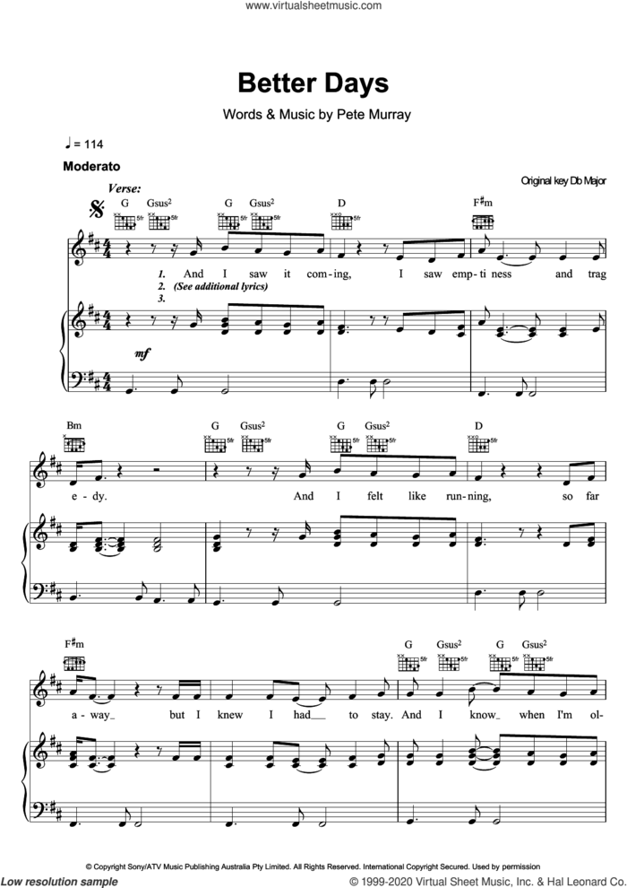 Better Days sheet music for voice, piano or guitar by Pete Murray, intermediate skill level
