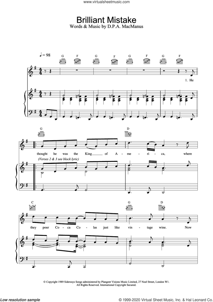 Brilliant Mistake sheet music for voice, piano or guitar by Elvis Costello, intermediate skill level