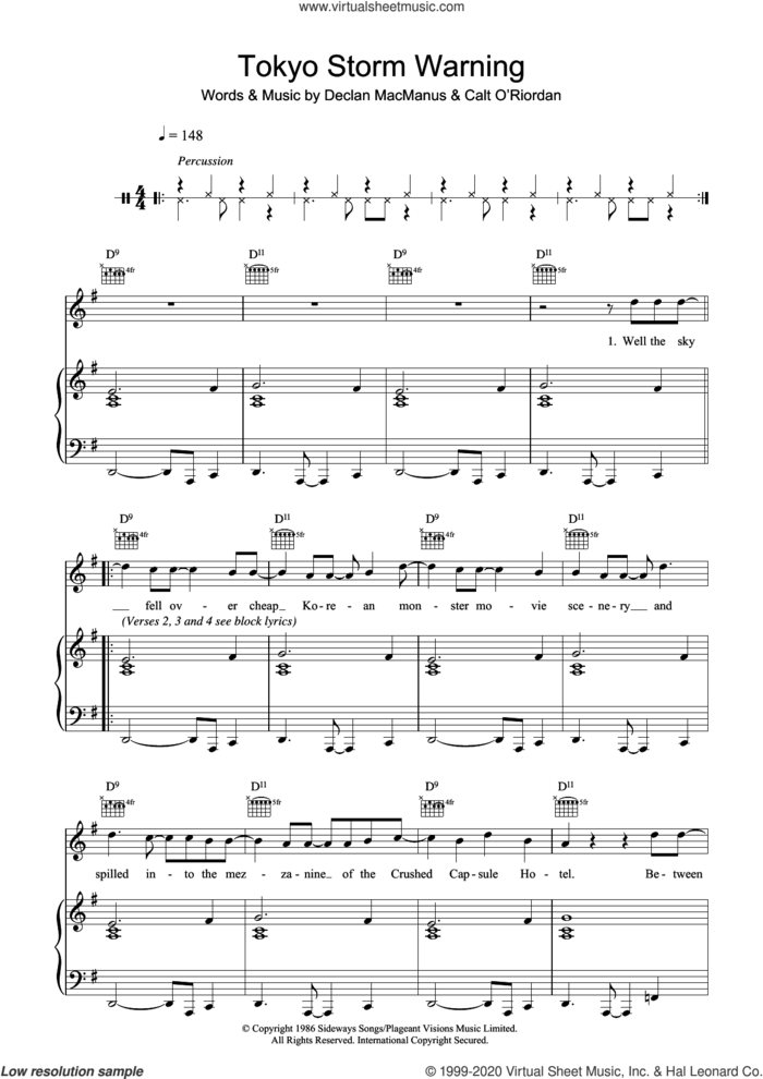 Tokyo Storm Warning sheet music for voice, piano or guitar by Elvis Costello and Declan Macmanus, intermediate skill level