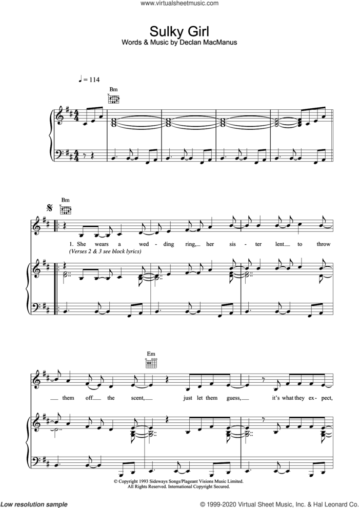Sulky Girl sheet music for voice, piano or guitar by Elvis Costello and Declan Macmanus, intermediate skill level