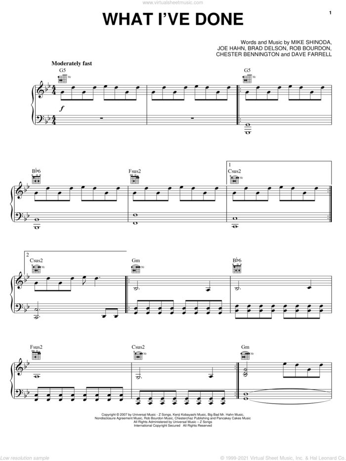 What I've Done sheet music for voice, piano or guitar by Linkin Park, Brad Delson, Chester Bennington, Dave Farrell, Joe Hahn, Mike Shinoda and Rob Bourdon, intermediate skill level