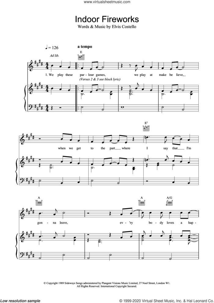 Indoor Fireworks sheet music for voice, piano or guitar by Elvis Costello, intermediate skill level