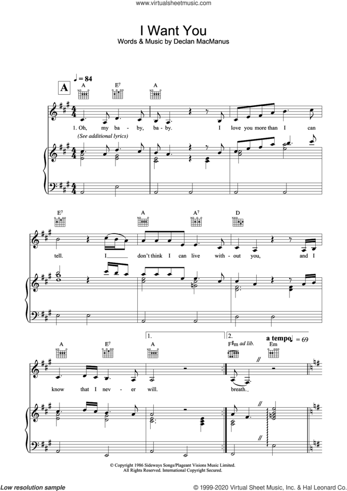 I Want You sheet music for voice, piano or guitar by Elvis Costello and Declan Macmanus, intermediate skill level