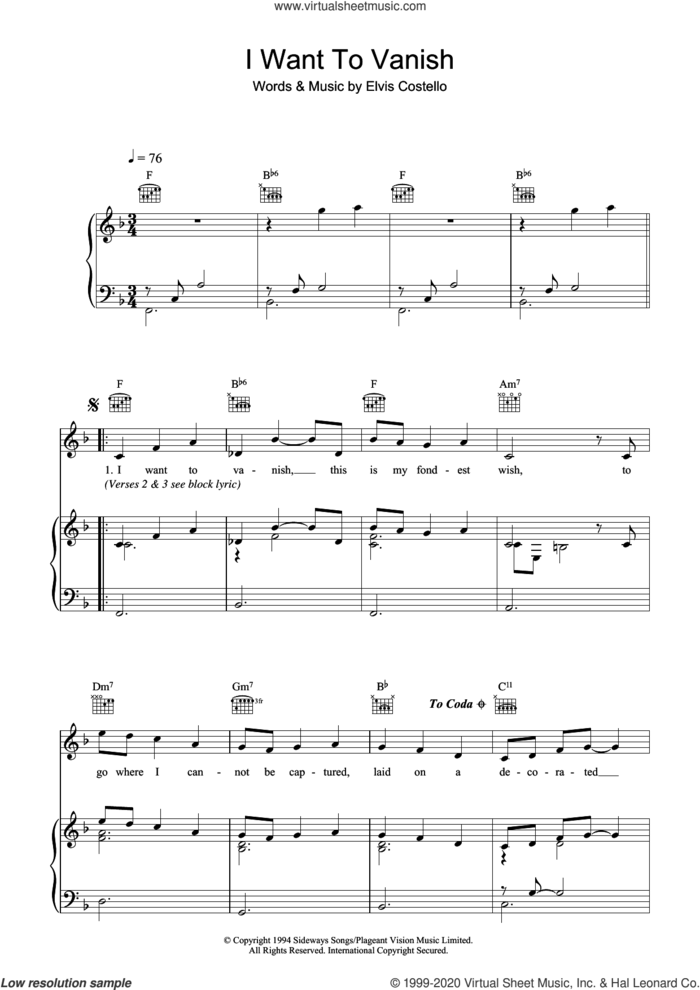 I Want To Vanish sheet music for voice, piano or guitar by Elvis Costello, intermediate skill level
