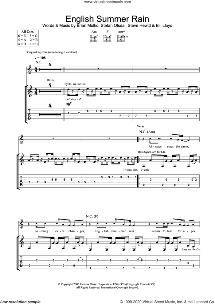 English Summer Rain sheet music for guitar (tablature) by Placebo, Bill Lloyd, Brian Molko, Stefan Olsdal and Steve Hewitt, intermediate skill level