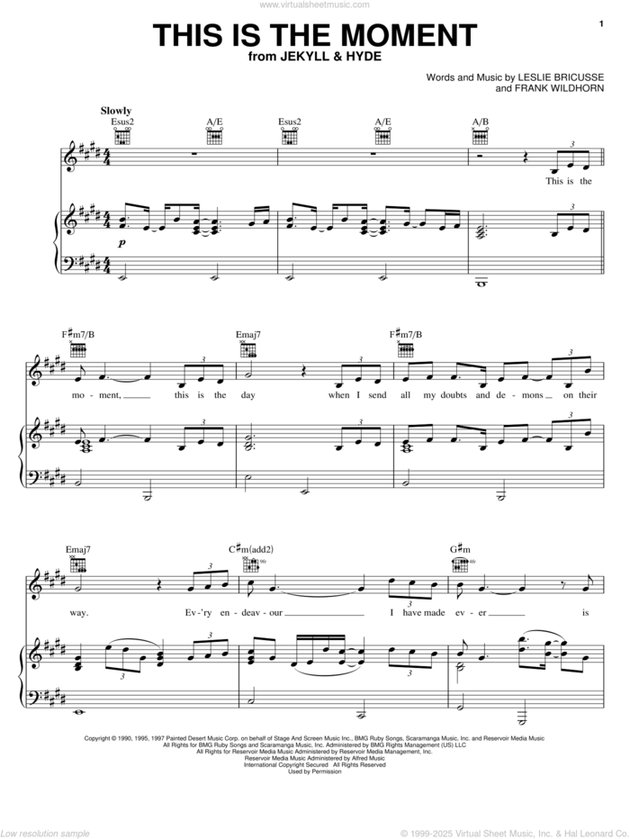 This Is The Moment sheet music for voice, piano or guitar by Leslie Bricusse, Jekyll & Hyde (Musical) and Frank Wildhorn, intermediate skill level