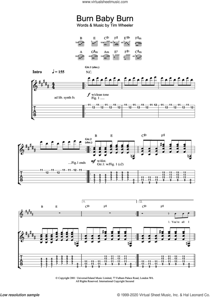 Burn Baby Burn sheet music for guitar (tablature) by Tim Wheeler, intermediate skill level