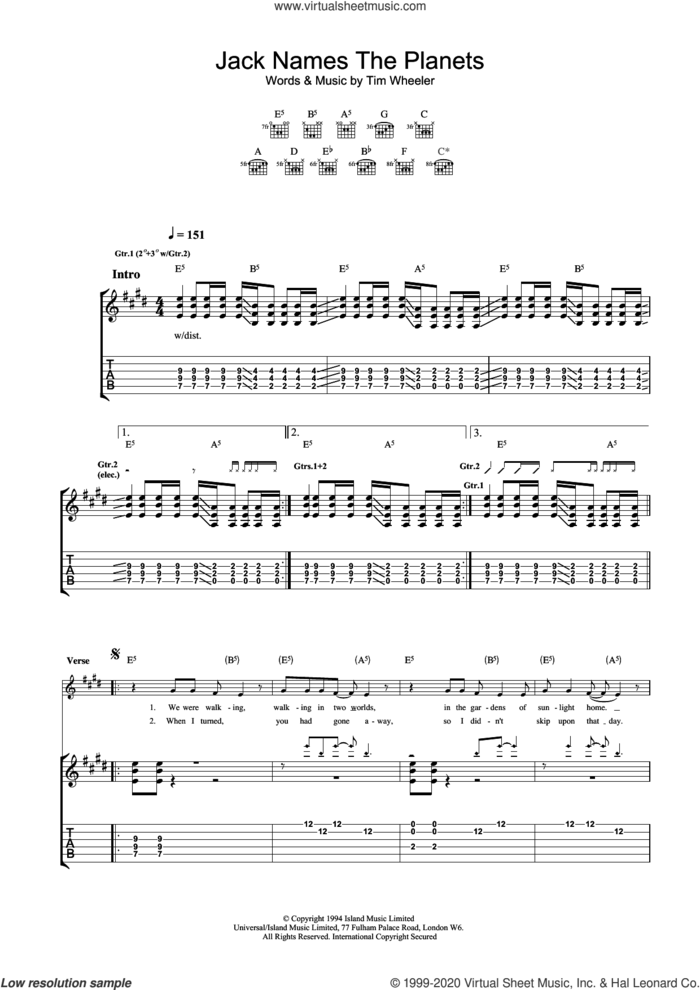 Jack Names The Planets sheet music for guitar (tablature) by Tim Wheeler, intermediate skill level