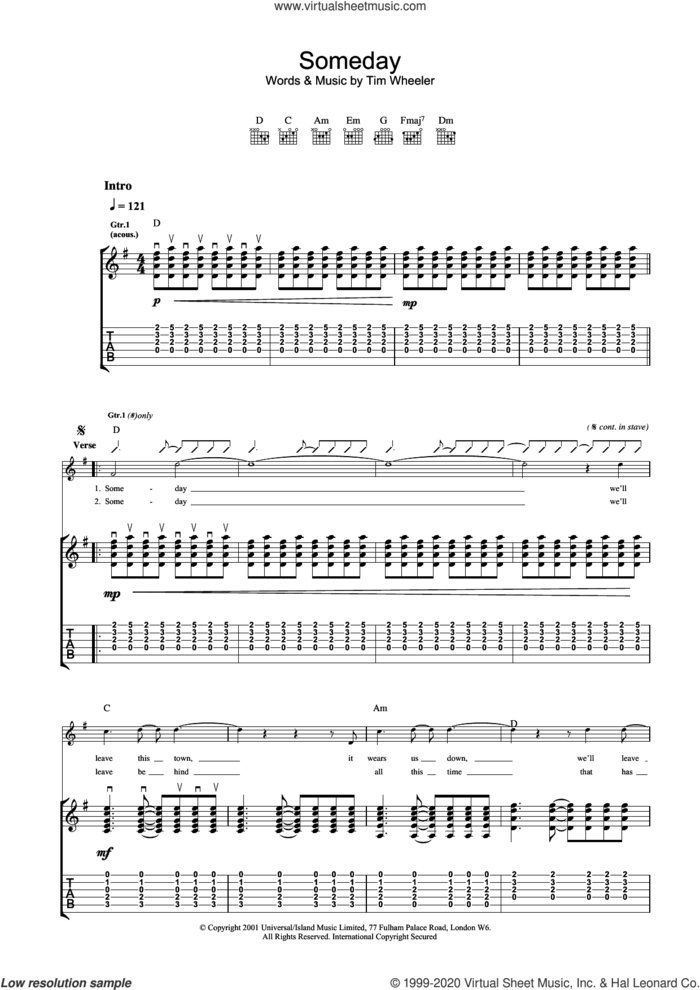 Someday sheet music for guitar (tablature) by Tim Wheeler, intermediate skill level
