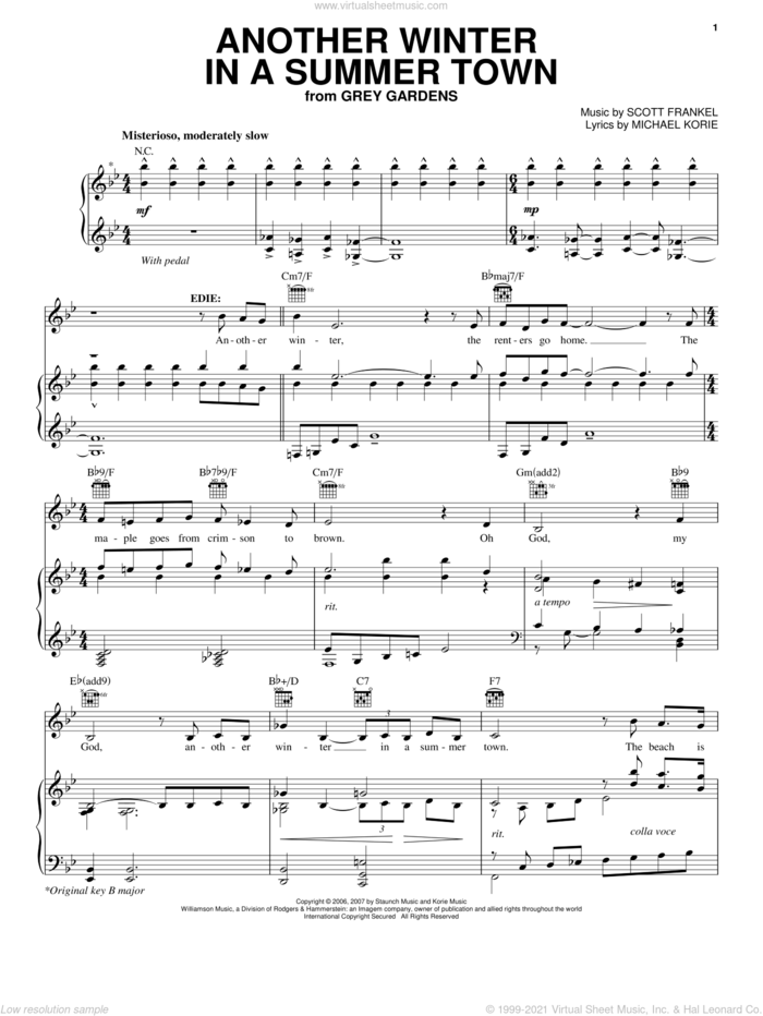 Another Winter In A Summer Town sheet music for voice, piano or guitar by Michael Korie, Grey Gardens (Musical) and Scott Frankel, intermediate skill level