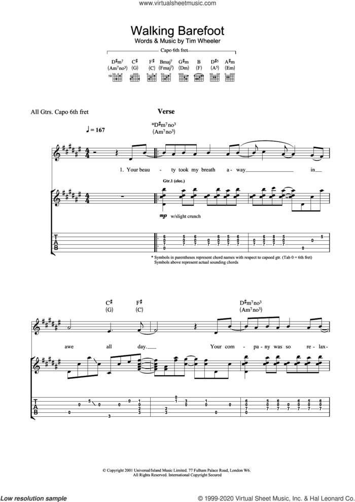 Walking Barefoot sheet music for guitar (tablature) by Tim Wheeler, intermediate skill level