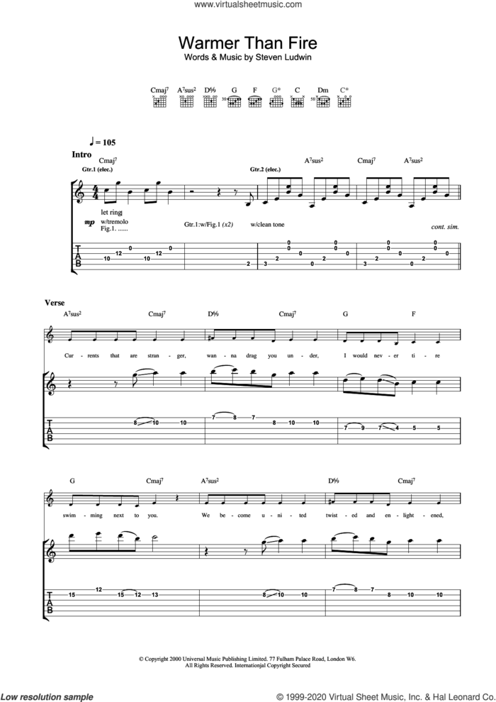 Warmer Than Fire sheet music for guitar (tablature) by Tim Wheeler and Steven Ludwin, intermediate skill level