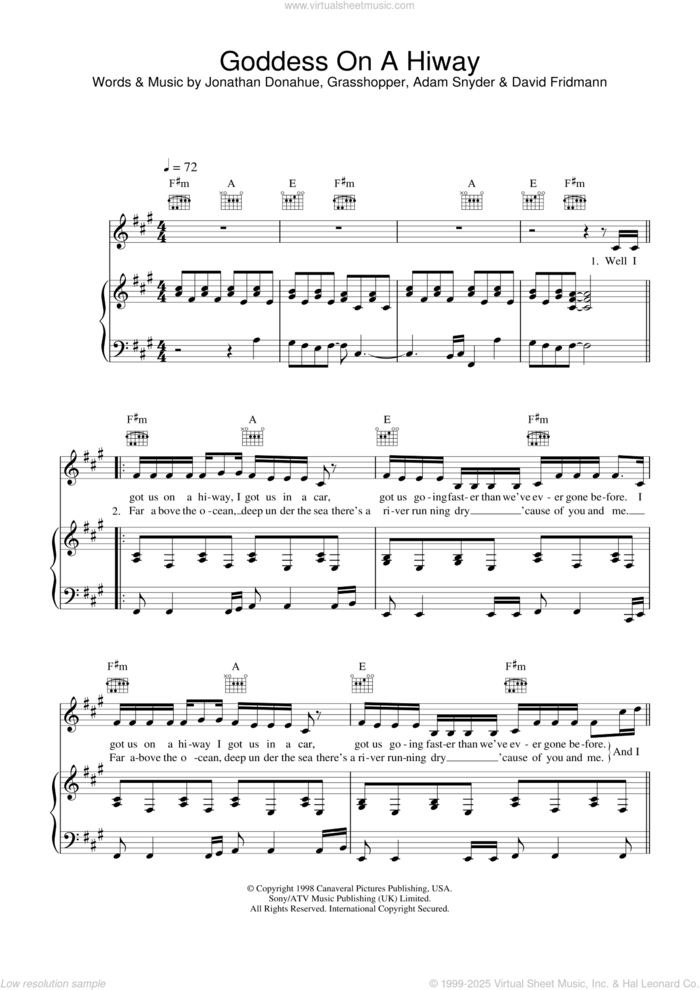 Goddess On A Hiway sheet music for voice, piano or guitar by Mercury Rev, Adam Snyder and Jonathan Donahue, intermediate skill level