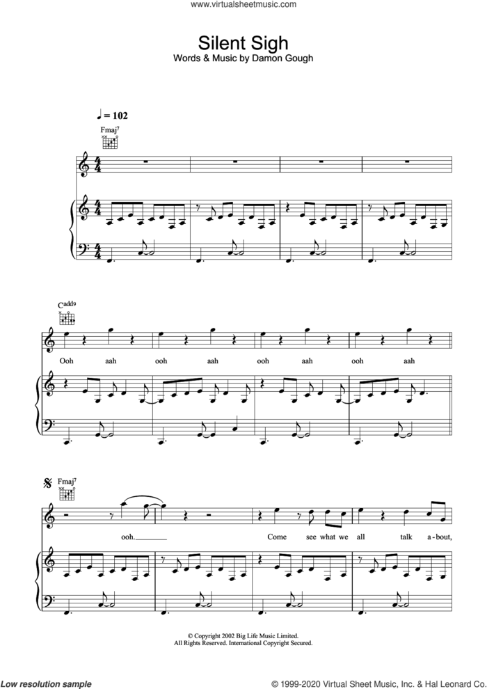 Silent Sigh sheet music for voice, piano or guitar by Badly Drawn Boy and Damon Gough, intermediate skill level
