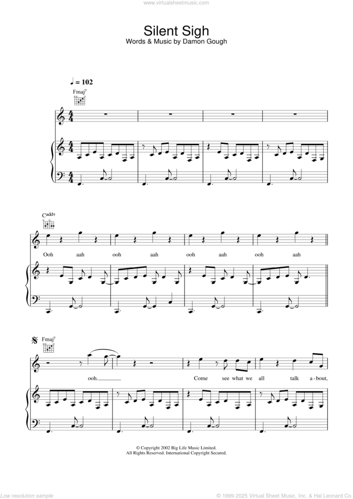 Silent Sigh sheet music for voice, piano or guitar by Badly Drawn Boy and Damon Gough, intermediate skill level