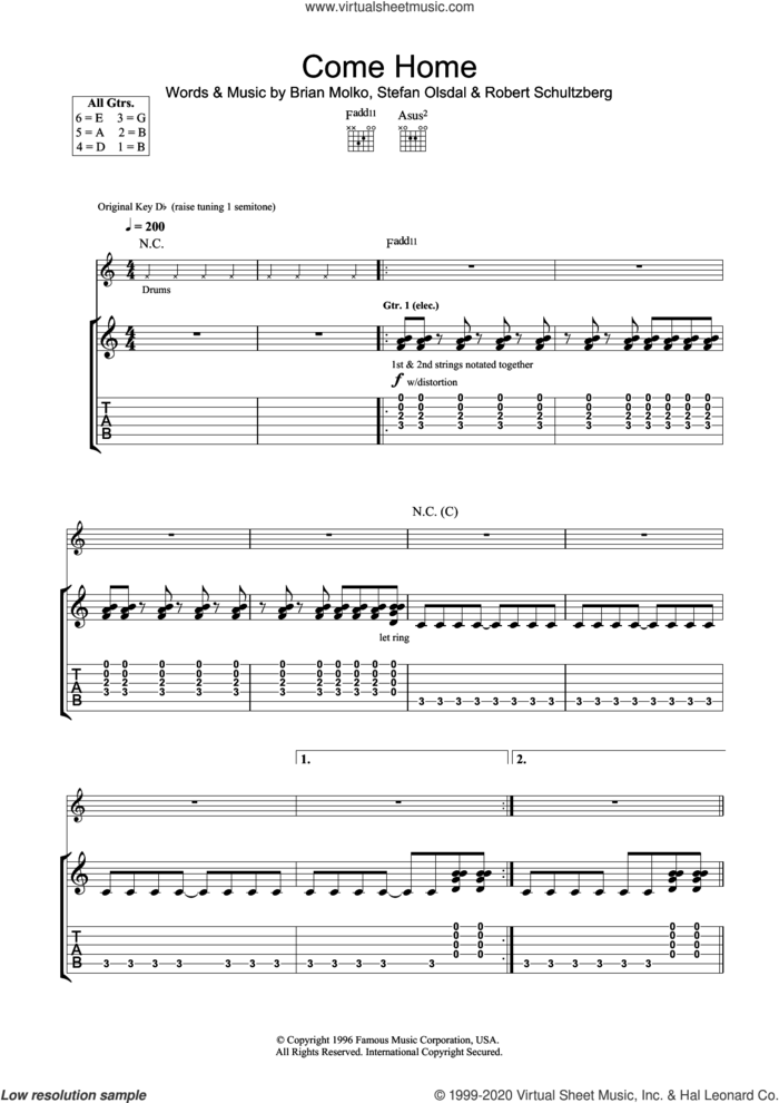 Come Home sheet music for guitar (tablature) by Placebo, Brian Molko, Robert Schultzberg and Stefan Olsdal, intermediate skill level