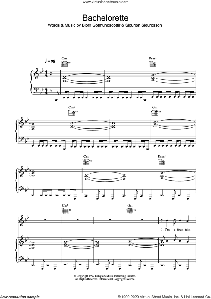 Bachelorette sheet music for voice, piano or guitar by Bjork Gudmundsdottir and Sigurjon Sigurdsson, intermediate skill level
