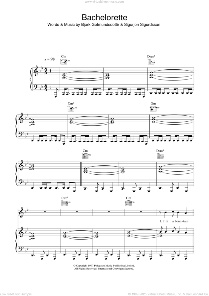 Bachelorette sheet music for voice, piano or guitar by Bjork Gudmundsdottir and Sigurjon Sigurdsson, intermediate skill level