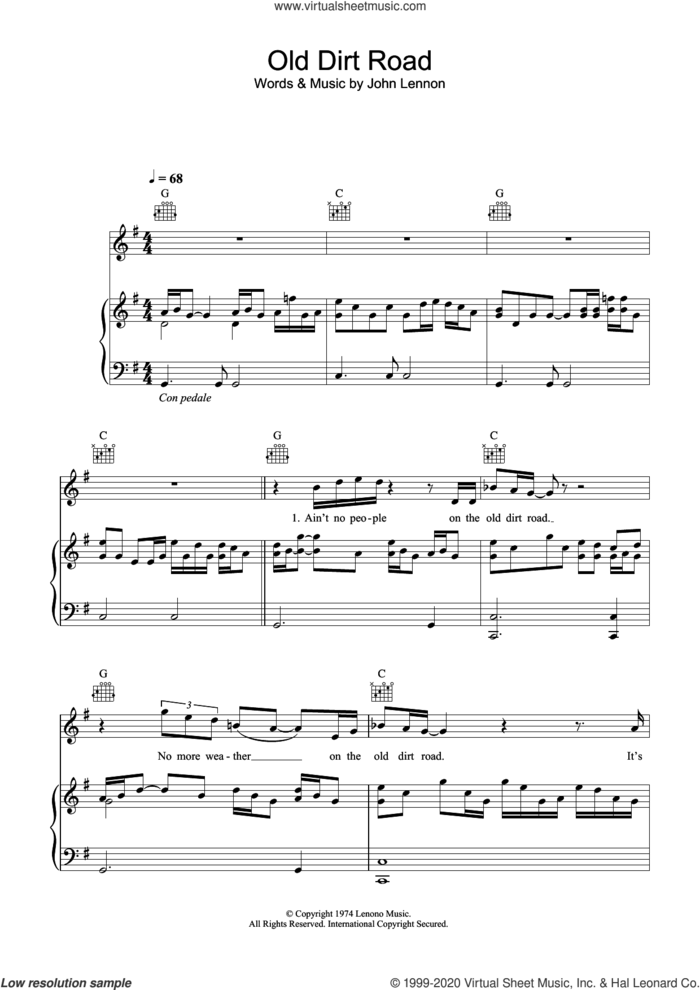 Old Dirt Road sheet music for voice, piano or guitar by John Lennon, intermediate skill level