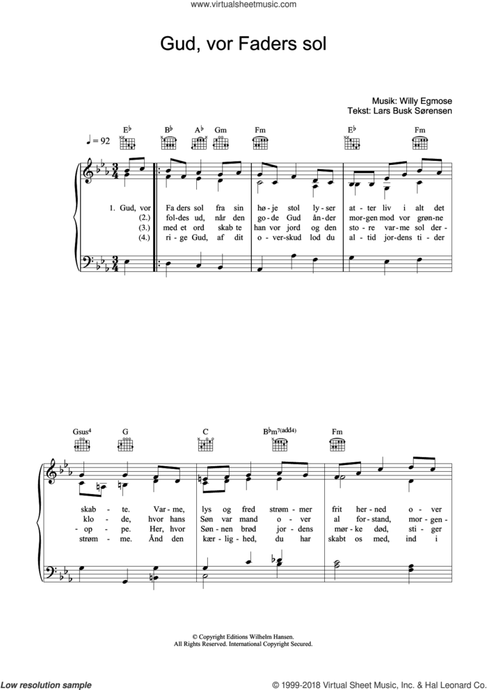 Gud, Vor Faders Sol sheet music for voice, piano or guitar by Willy Egmose and Lars Busk Sorensen, intermediate skill level
