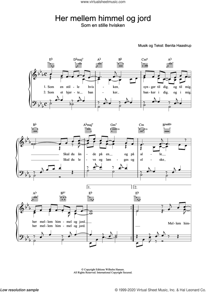 Her Mellem Himmel Og Jord sheet music for voice, piano or guitar by Benita Haastrup, intermediate skill level