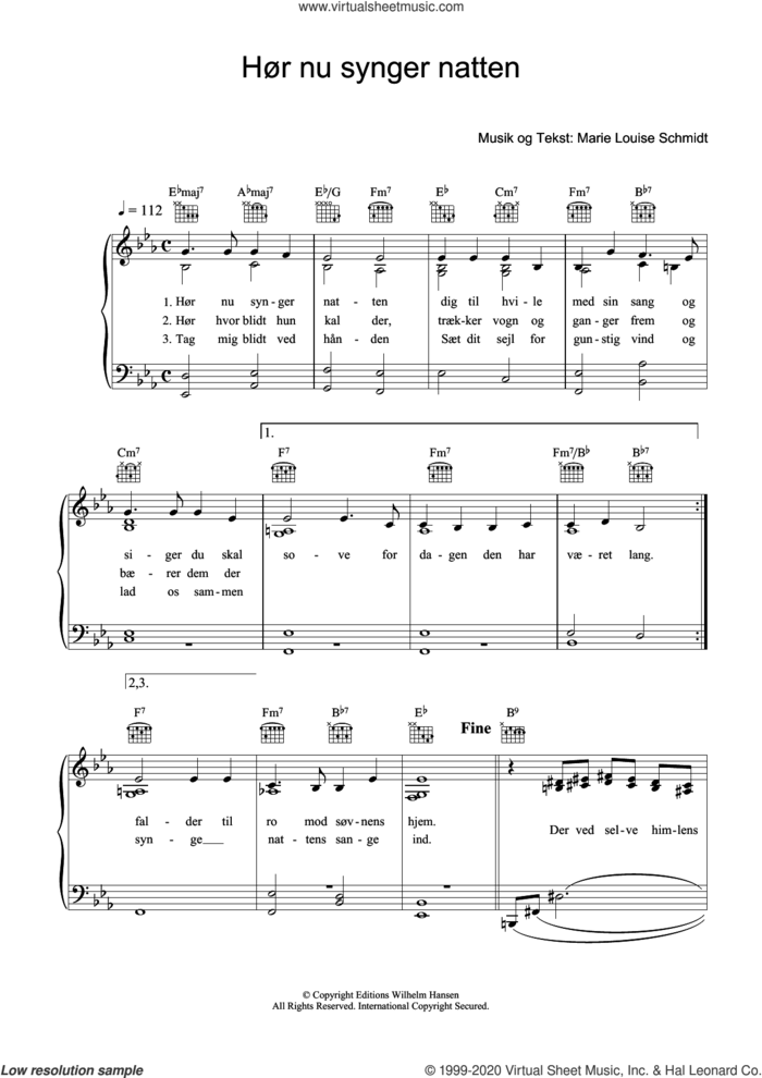 Hor Nu Synger Natten sheet music for voice, piano or guitar by Marie Louise Schmidt, intermediate skill level