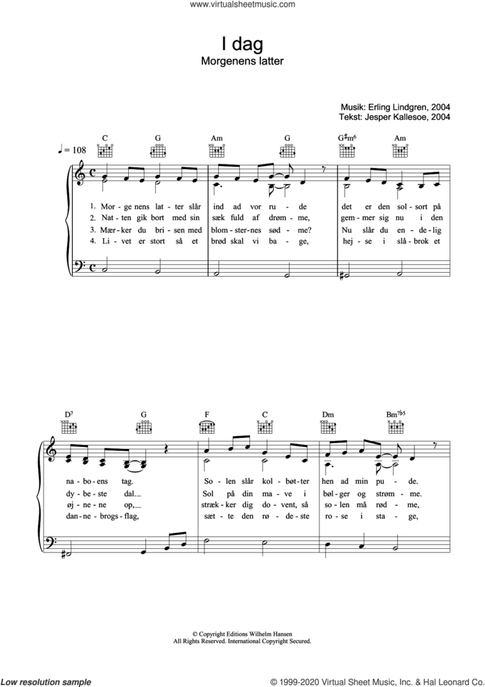 I Dag Morgenens Latter sheet music for voice, piano or guitar by Erling Lindgren and Jesper Kallesoe, intermediate skill level