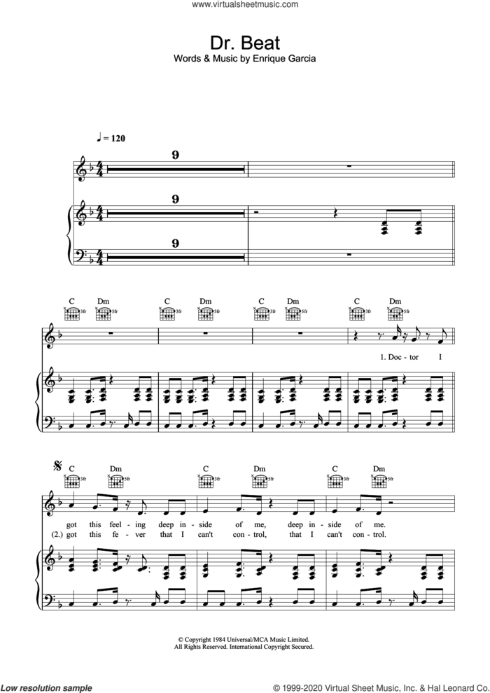Dr. Beat sheet music for voice, piano or guitar by Miami Sound Machine and Enrique Garcia, intermediate skill level