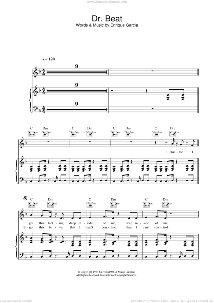 Dr. Beat sheet music for voice, piano or guitar by Miami Sound Machine and Enrique Garcia, intermediate skill level