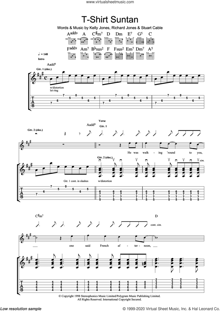 T-Shirt Suntan sheet music for guitar (tablature) by Stereophonics, Kelly Jones, Richard Jones and Stuart Cable, intermediate skill level