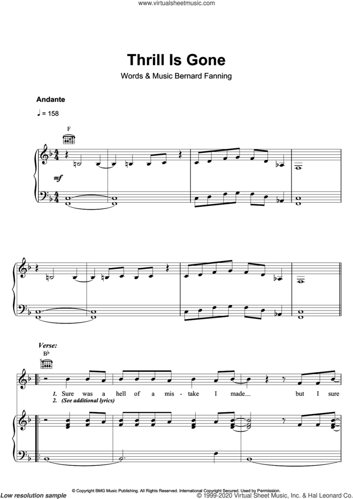 Thrill Is Gone sheet music for voice, piano or guitar by Bernard Fanning, intermediate skill level
