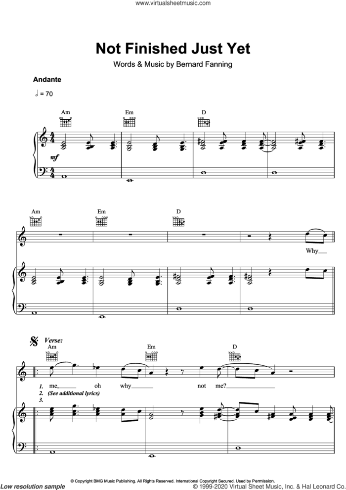 Not Finished Just Yet sheet music for voice, piano or guitar by Bernard Fanning, intermediate skill level