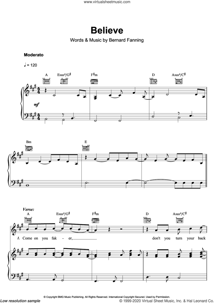 Believe sheet music for voice, piano or guitar by Bernard Fanning, intermediate skill level